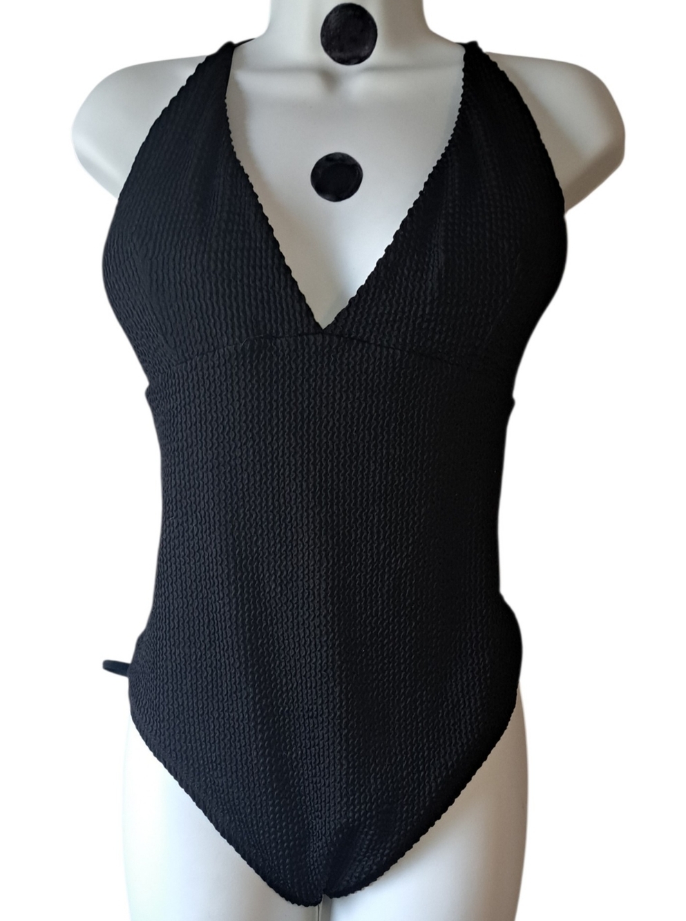 Betsy Johnson Textured Black V-Neck One-Piece Swimsuit